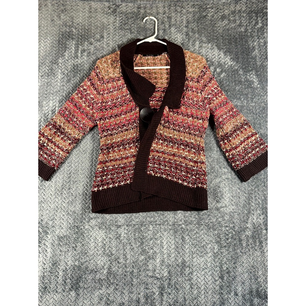Nic+Zoe Cardigan‎ Sweater Womens Medium Multicolor Open Knit Preppy Shawl Collar